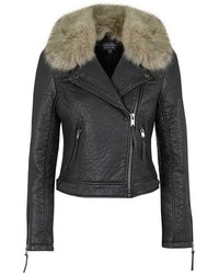 Topshop Faux Leather Moto Jacket With Removable Faux Fur Collar
