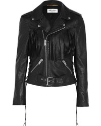 Saint Laurent Fringed Leather Biker Jacket Black