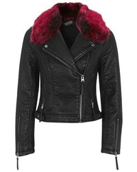 Topshop Honey Faux Fur Collar Faux Leather Moto Jacket