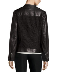Neiman Marcus Lace Panel Leather Moto Jacket Black