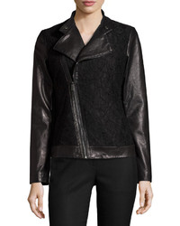 Neiman Marcus Lace Panel Leather Moto Jacket Black