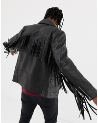 ASOS DESIGN Leather Biker Jacket With Tassel Detail In Black