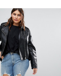 Asos Curve Leather Jacket With Ring Pull Details