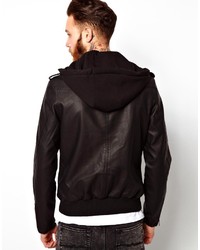 Asos Leather Look Biker Jacket With Jersey Hood