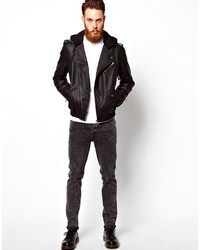 Asos Leather Look Biker Jacket With Jersey Hood