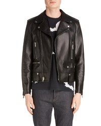 Men's Black Leather Biker Jacket, Navy Denim Shirt, Black Jeans | Men's ...