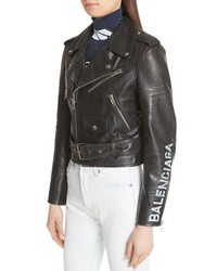 Balenciaga Logo Sleeve Leather Moto Jacket