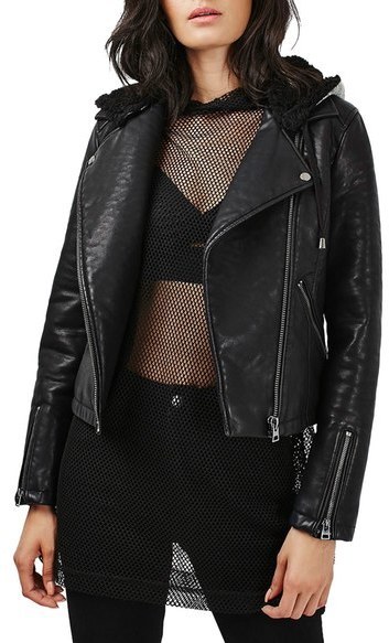 Topshop faux leather biker jacket in black