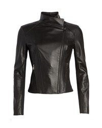Women's Black Leather Biker Jacket, White Print Crew-neck T-shirt, Navy ...