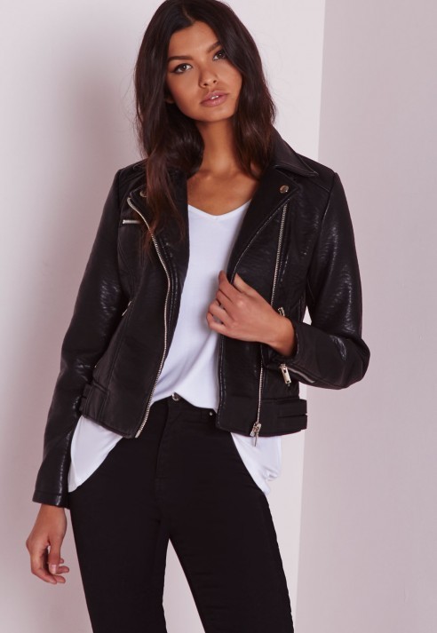 Missguided Faux Leather Biker Jacket Black, $76 | Missguided | Lookastic