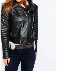 Asos Petite Biker Jacket With Funnel Neck In Leather