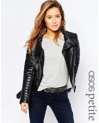 Asos Petite Biker Jacket With Funnel Neck In Leather