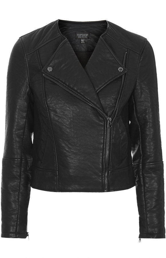 Topshop Petite Faux Leather Collarless Biker Jacket, $95, Topshop