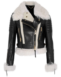 Burberry Prorsum Cropped Shearling Trimmed Leather Biker Jacket