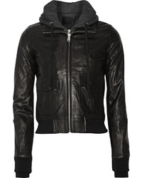 R 13 R13 Hooded Washed Leather And Jersey Biker Jacket Black