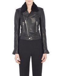 Balenciaga Shearling Collar Leather Moto Jacket Black