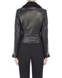 Balenciaga Shearling Collar Leather Moto Jacket Black