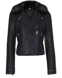 Topshop Textured Faux Leather Biker Jacket With Soft Black Faux Fur Collar And Anthracite Trims 100% Polyurethane Machine Washable