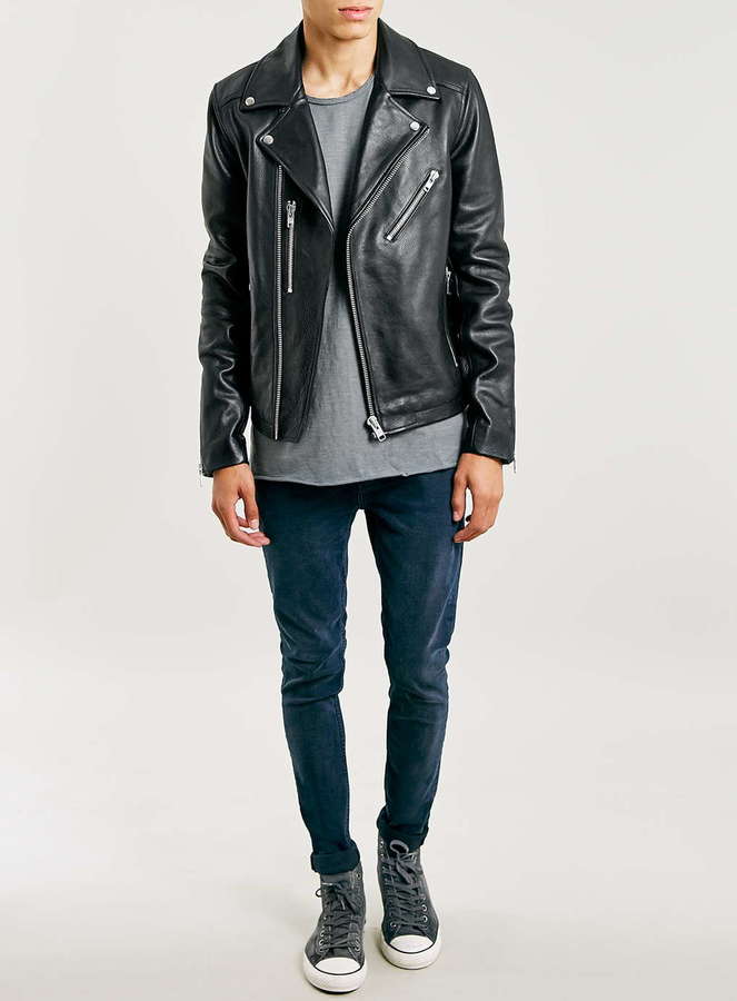Topman Black Leather Biker Jacket, $350 | Topman | Lookastic