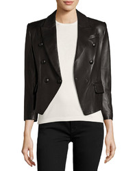 Double Breasted Cropped Leather Blazer Black