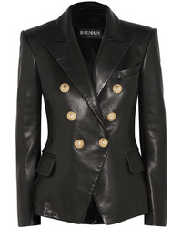 Balmain Double Breasted Leather Blazer Black