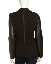 Neiman Marcus Leather Sleeve One Button Blazer Black