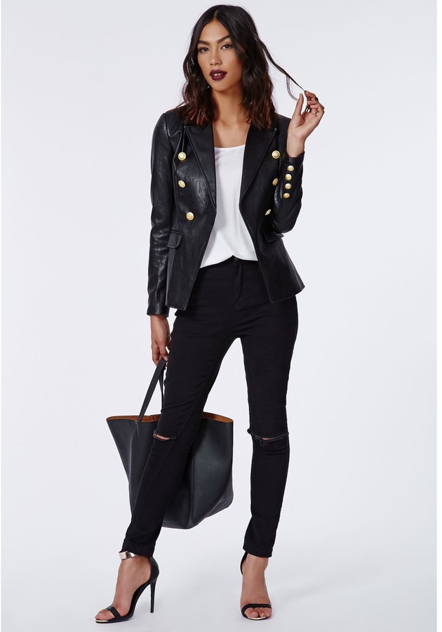Missguided Bettie Faux Leather Blazer Black, $70 | Missguided | Lookastic