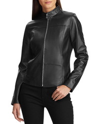 Lauren Ralph Lauren Band Collar Leather Jacket