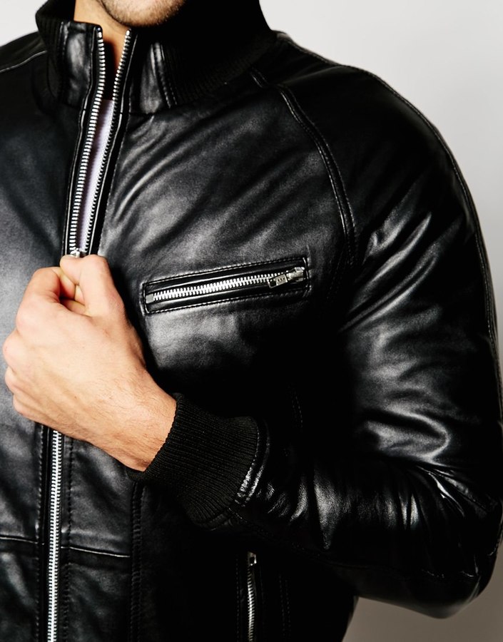 barneys originals full zip leather biker jacket in black