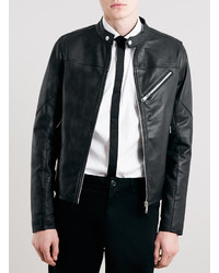 Topman Black Collarless Leather Biker Jacket