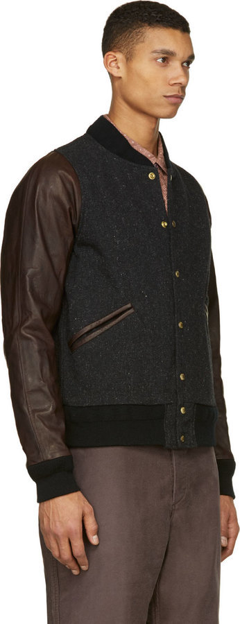 VISVIM Black Tweed And Leather Barnstorm Bomber, $2,720 | SSENSE