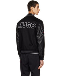 Hugo Black Varsity Faux Leather Bomber Jacket