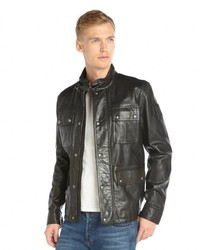 Belstaff Black Waxed Leather Pocket Front Warrington Jacket