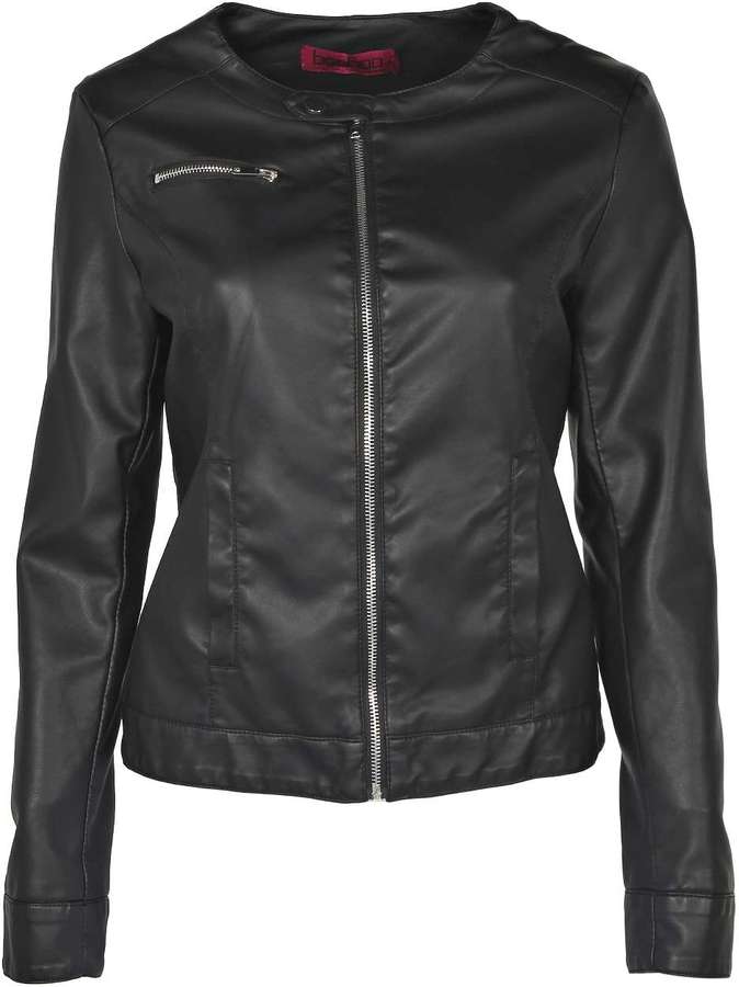 Boohoo Vicky Collarless Faux Leather Biker Jacket, $60 | BooHoo | Lookastic