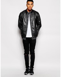 Asos Brand Faux Leather Bomber Jacket In Black