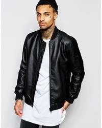 Asos Brand Faux Leather Bomber Jacket In Black