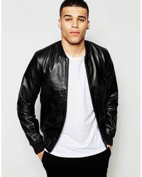 Asos Brand Leather Bomber Jacket In Black