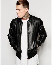 Asos Brand Leather Bomber Jacket With Zip Front In Black