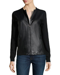 Neiman Marcus Cashmere Faux Leather Paneled Zip Jacket Black