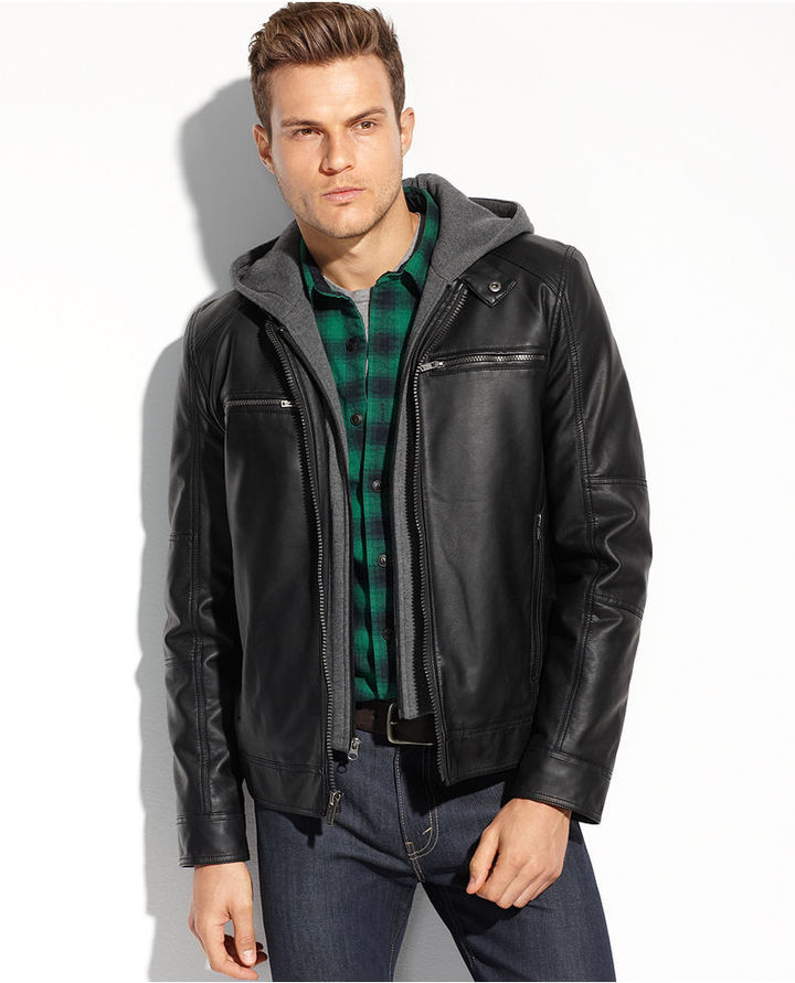 guess leather jacket with hood