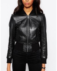 Asos Collection Bomber In Leather With Stabstitch Detail