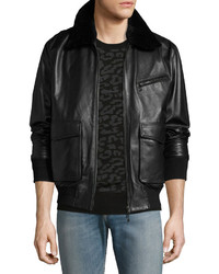 Ovadia & Sons Drakon Lamb Leather Bomber Jacket With Shearling Collar Black