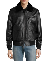 Ovadia & Sons Drakon Lamb Leather Bomber Jacket With Shearling Collar Black