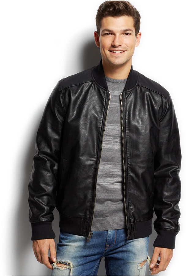GUESS Leather Bomber Jacket, $168 Macy's | Lookastic