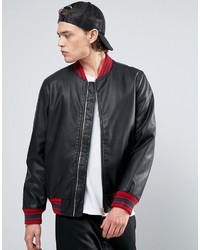 Asos Faux Leather Bomber Jacket With Contrast Rib In Black