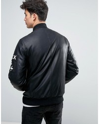 Asos Faux Leather Bomber Jacket With Patches In Black