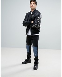 Asos Faux Leather Bomber Jacket With Patches In Black