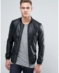 Pull&Bear Faux Leather Bomber Jacket With Perforated Sleeves