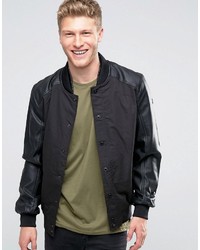 Brave Soul Faux Leather Bomber Jacket With Ribbed Collar