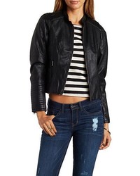 Faux Leather Moto Jacket With Zipper Pockets